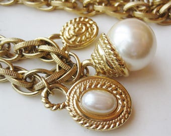 Vintage 60s Florenza Style Chunky Baroque Pearl Gold Chain Link Long Charm Necklace