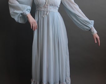 Gunne Sax Blue Maxi Prairie Dress Bell Sleeves Lace Vintage 1970s