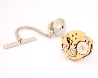 Gold Tie Tack Steampunk Tie Pin Watch Movement Rocker Necktie Gold Tie Pin Gifts for Men Tie Pin Formal Wear Accessories
