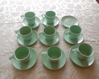 MELAMINE Green Arrowhead Cups and Saucers
