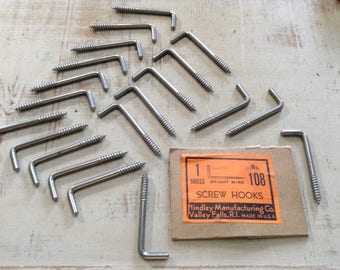 20 Screw Hooks, L Hooks, Cup Hooks, Storage Hooks, Vintage New Old Stock Hooks, Salvaged Hardware, Industrial, Steampunk, Assemblage Supply