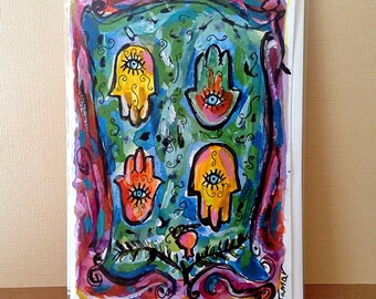 Four Hamsas Card, Hand Painted Card, Hamsa Hand Art, Hand Painted Jewish Card, Jewish gifts, Original Painting, Amulet, Hamsa Eye, Good Luck