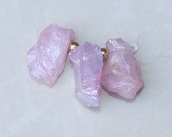 Pink Titanium Quartz Points, Titanium AB Points, Raw Rough Quartz Beads, Titanium Points - Three Stones - 30mm - 35mm - 1863
