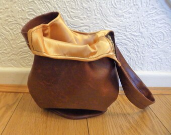 Brown Leather Bag, Japanese Knot Bag, Vegan Leather Bag,Faux Leather Purse, Gold Satin Lined