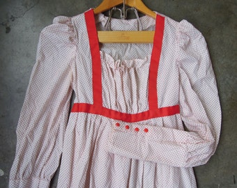 SALE Vtg 70's White Red Swiss Flocked Dot Handmade Peasant Gunne Sax Prairie Folk Dress Cotton Ruffle Size Small to XS