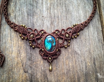 Macrame elven necklace tiara Labradorite ethnic chic stone boho jewelry by Creations Mariposa L5