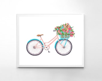Floral Wall Decor, Bicycle Print, Watercolor Wall Art, Painting Print, Bicycle Illustration, Nursery Bicycle Art, Digital Bike Print