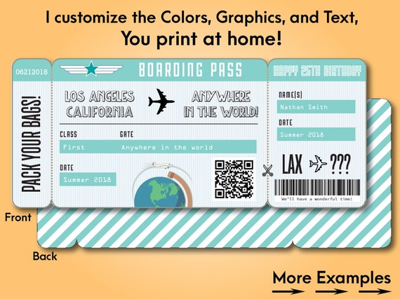 Printable Custom Boarding Pass Surprise Airline Ticket