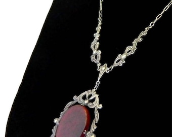 Vintage 1920s Art Deco Pendant Necklace Carnelian and Sterling Silver