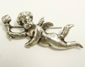 Vintage Art Nouveau Cupid Cherub Brooch Sterling Silver