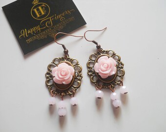 Cameo earrings Victorian earrings Vintage earrings Pink cameo earrings Cameo jewelry Victorian jewelry Vintage jewelry Rose earrings