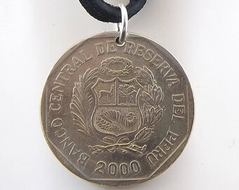 Peru Coin Necklace, 1 Nuevo Sol, Mens Necklace, Womens Necklace, Leather Cord, Coin Pendant, Birth Year, 2000