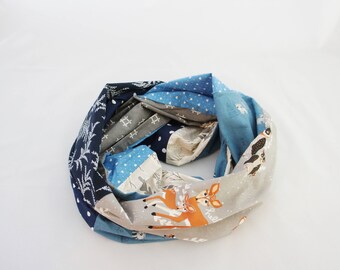 Infinity scarf with raccoons, owls, and stags, scarf with owls, woman scarf, spring scarf, patchwork scarf, cotton scarf, teen scarf