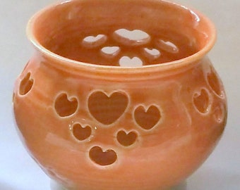 Orange or Tangerine Votive Candle Holder or Luminary with Heart Cut-outs - Wheel Thrown Pottery