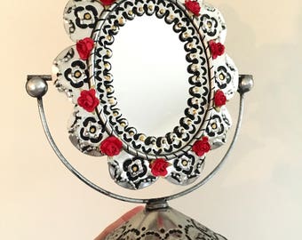 Mexican hammered tin metal mirror on stand / mexican craft // OOAK decor / Mexican Love wedding