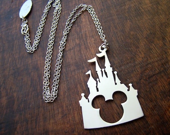 Disney castle Mickey head pendant in white bronze or brass , handmade by hand sawing ,disney jewelry