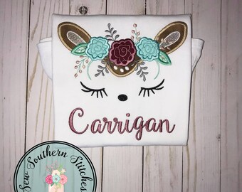 Floral Fawn Face Applique Design ~ Baby Deer Face with Floral Crown ~ Instant Download