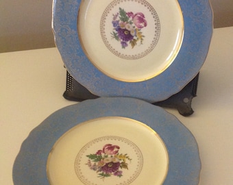Vintage Steubenville Pottery Co. Porcelain China Dinner Plates with Light Blue & Gold Trim and Floral Design