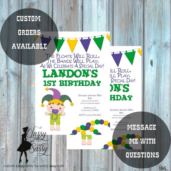 Mardi Gras Birthday Party Invitation, Mardi Gras Party, Parade party, New Orleans Baby, New -187