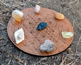 Sacred Geometry Trifect Laser Cut Crystal Grid Display - Natural Cherry Hardwood Wood Wooden Flower of Life Charging Plate