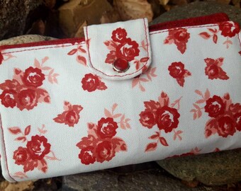 Red Floral Checkbook Cover, Coupon Wallet, Fabric Checkbook Cover