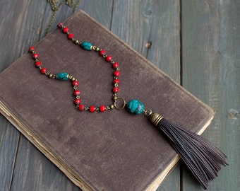 Long boho necklace beaded Leather tassel necklace red bead necklace boho jewelry turquoise pendant boho tassel necklace festival jewelry