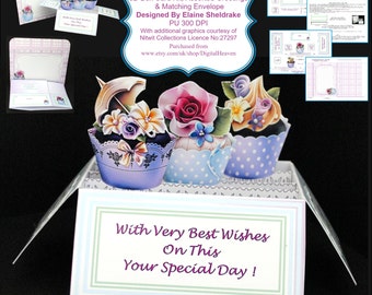 Birthday Cupcakes - 3D Pop-Up Box Card Kit, Assorted Grettings & Matching Envelope PU 300 DPI