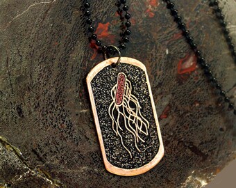 Etched copper Salmonella bacteria design dog tag pendant
