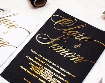 Wedding Invitation, Gold Foil Wedding Invitation, Black and Gold Wedding invitation,Script Wedding invitation,Calligraphy Wedding invitation