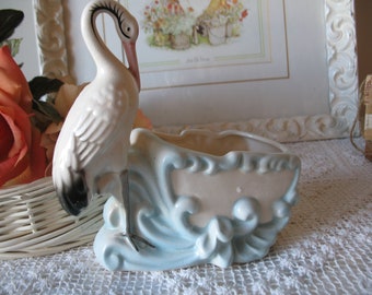 Stork above the cradle planter. Jardiniere.cadeau baby. Vintage planter.
