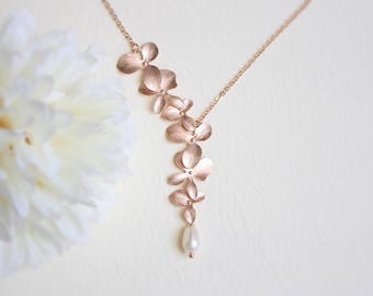 Orchid flower and Fresh water pearl necklace, Rose gold necklace, Bridesmaid gift, Bridesmaid necklace, Wedding necklace, Mothers day gift