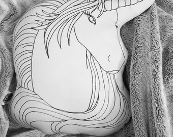 Grey unicorn throw pillow, stuffed animal