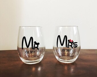 Mr & Mrs Disney Stemless Wine Glasses | Walt Disney World | Newlywed Gift | Mickey and Minnie | Mr and Mrs Established Wine Glasses