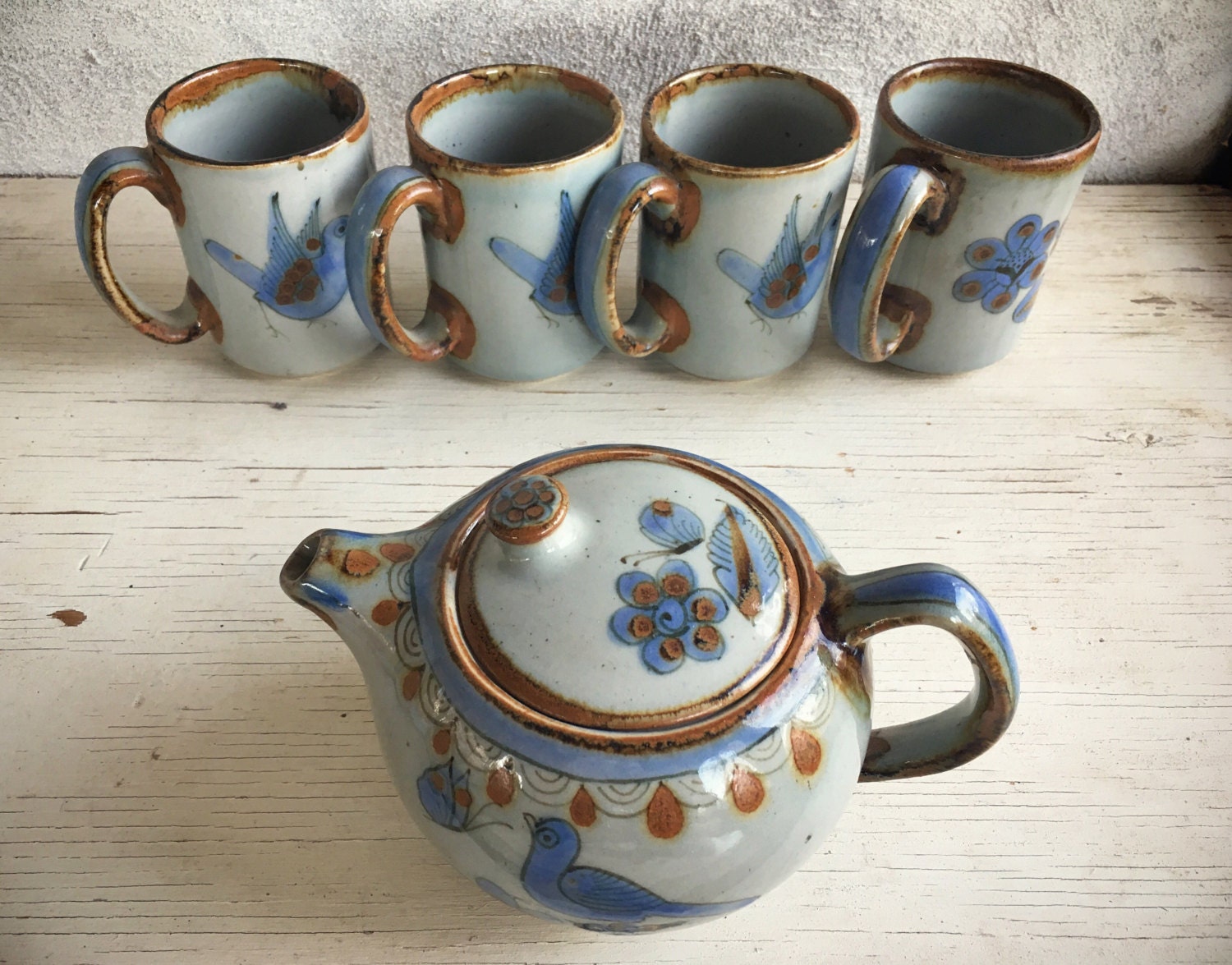 Vintage El Palomar ceramic teapot set with coffee mugs ...