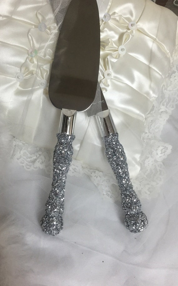 Silver cake  cutting  set  silver glitter cake  cutting  set 