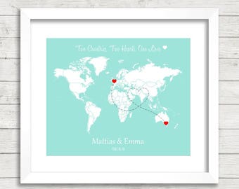 8x10 love world map long distance relationship international london united kingdom melbourne australia wedding gift paper anniversary