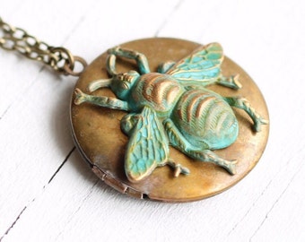 Bee Necklace, Bee Locket, Insect Jewelry, Personalized Locket, Customized Gift