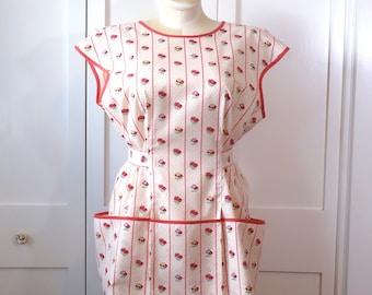Cobbler Smock Apron, Newly Made in 1950s Style with Vintage Fabric, Size M
