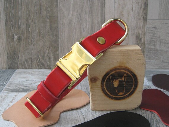 Quick Release Red Dog Collar, Brass Hardware, Leather Dog Collar, Colorful Dog collar, Breakaway Dog Collar, Free ID Tag, Comfort Dog Collar