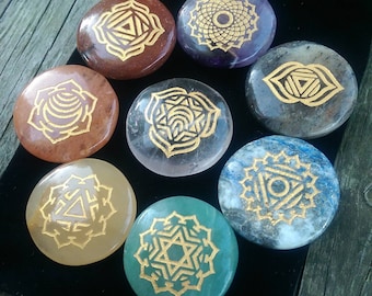 8 Piece Engraved CHAKRA HEALING STONE Set Cabochons Flat Back