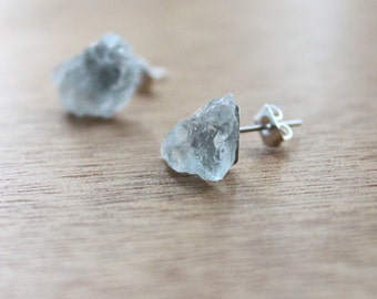 1 Pair BLUE ICE Stainless Steel Earrings GENUINE Crystal Natural raw Aquamarine earrings