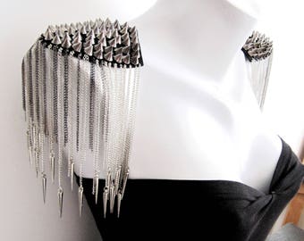 2 PCS.Smoky Stud Epaulets,Silver Spiked Epaulette,Smoky Studs Pads with Silver and Smoky Chain,Shoulder Embellishment,Epaulets,FAST Shipping
