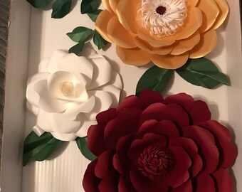 Maroon/Gold/White with Green accent - Giant 3D Paper Flower Set, Large Paper Flowers, Nursery Decor, Baby Shower Backdrop
