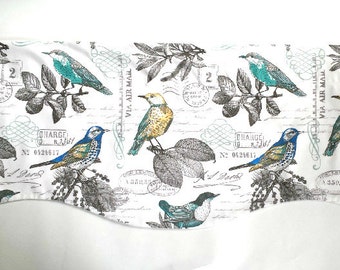 READY TO SHIP - Floral Bird Window Scalloped Valance - Lined Window Valance - Bird Fabric-Green-White-Yellow-Kitchen-Bedroom-Bathroom 36"
