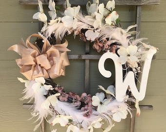 Wreath: Twinkle lights and Feathers