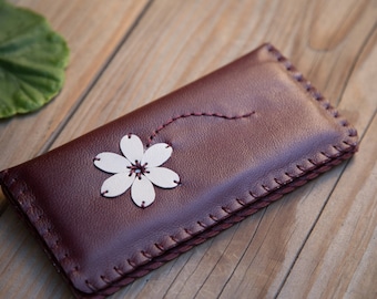Handmade Leather bifold woman wallet, slim wallet, chic, floral design, hand stitched, perfect gift for her