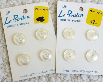 Eight Pearly White Vintage Buttons on Cards, 2 Cards of Four Matching Buttons, Two Styles