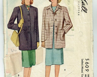 Vintage Sewing Pattern Misses Coat 1940s McCall 5609 32" Bust - Free pattern Grading E-Book Included
