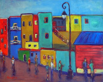 Buenos Aires LARGE Colorful Painting ORIGINAL Modern Art - Argentina - Yellow Teal Blue City Art on Large Canvas 30x24 - Pop Art by BenWill