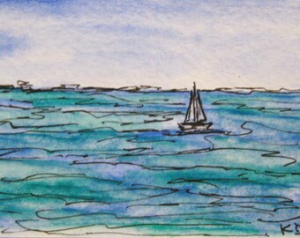 Sailing Original ACEO Maine Painting Watercolor Small ACEO Artist Trading Card 271 Pen and Ink Drawing Original Art by Kathleen Daughan